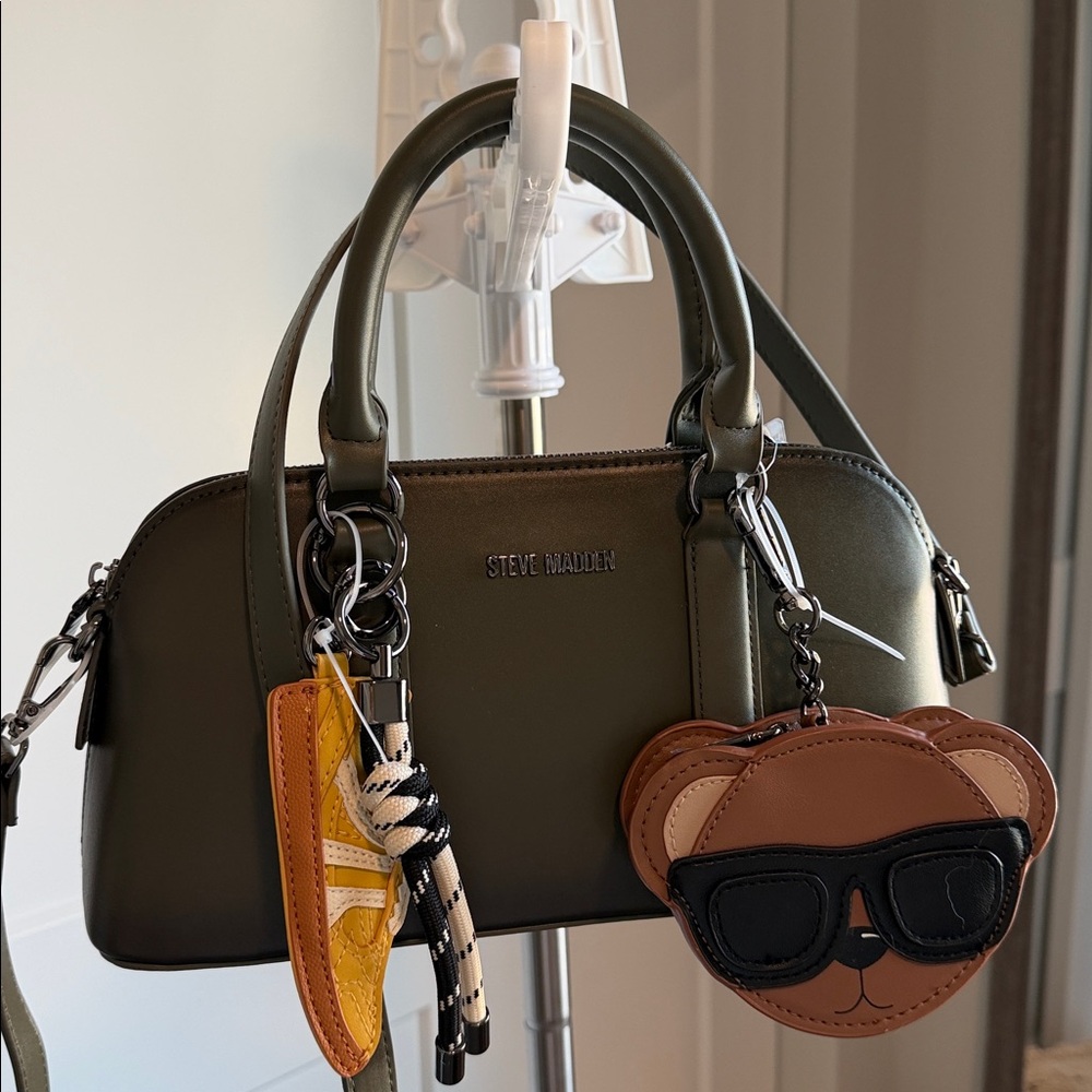 Steve Madden BTHORNE Olive Crossbody Satchel Bag with Teddy Bear Charms